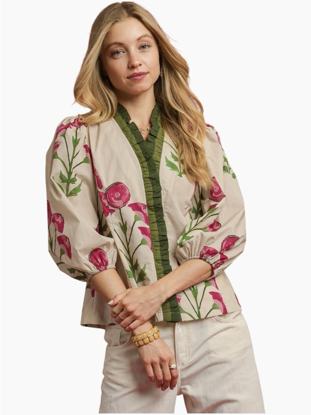 New! Umgee Cream Floral Puff-Sleeve Blouse with Pink Blooms and Green Trim Sz S
